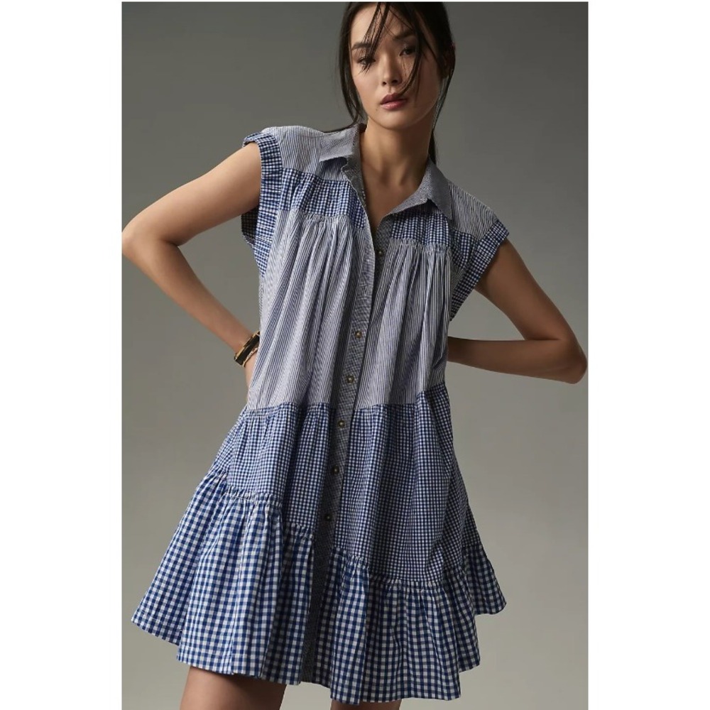 Pilcro Anthropologie Mixed Gingham Stripe Tiered Button Front Mini Dress Blue XS